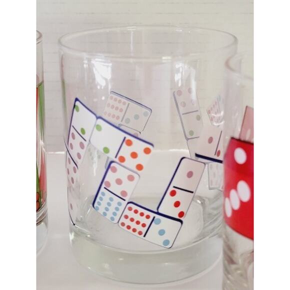 Vintage Retro Board Game Themed Beverage Glasses Set of 4 Barware Dice Dominos - Picture 3 of 14
